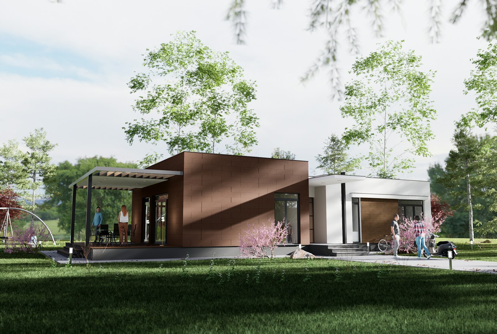 Concept rendering of a modern single-story two-bedroom ADU with a covered porch, set on a landscaped lawn
