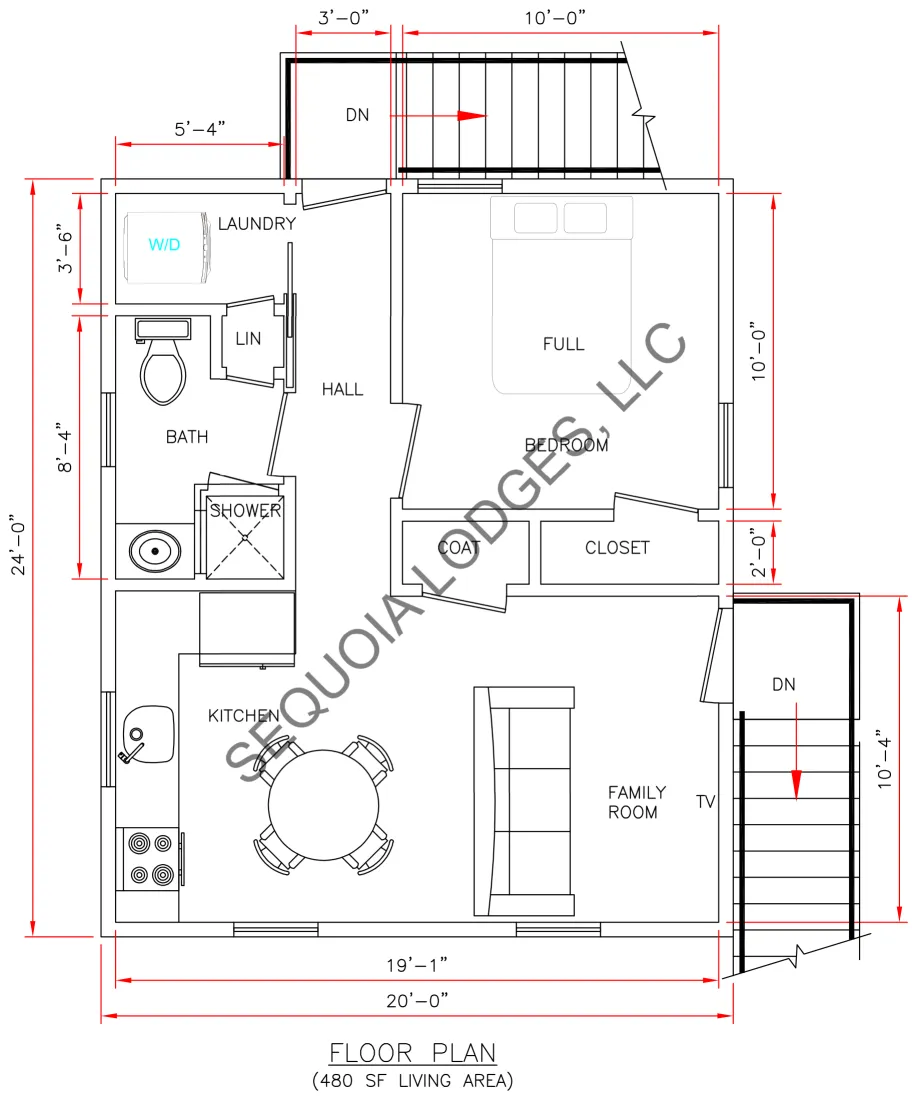480 square foot one-bedroom ADU floor plan, watermarked Sequoia Lodges LLC