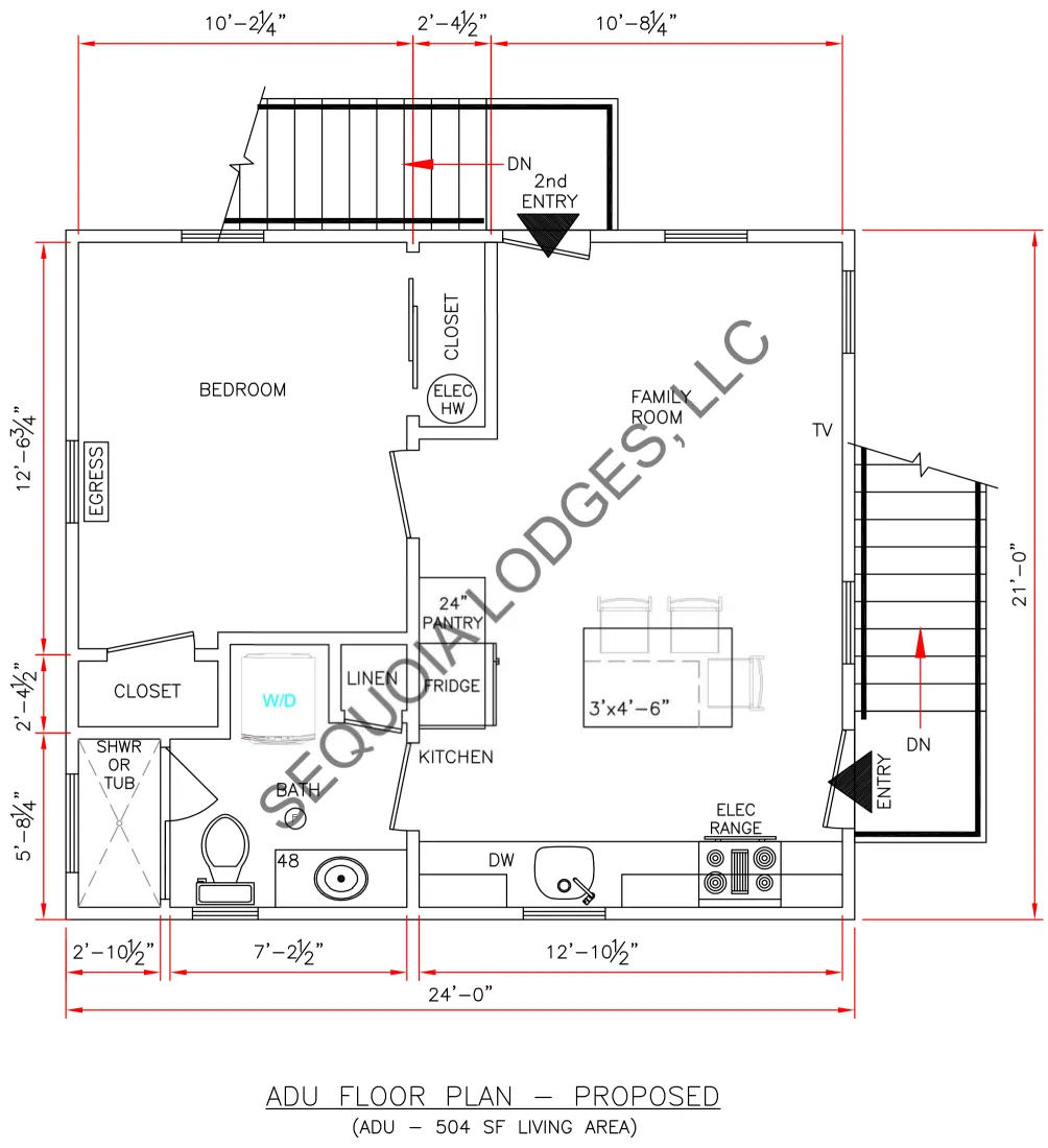 504 square foot one-bedroom ADU floor plan, watermarked Sequoia Lodges LLC