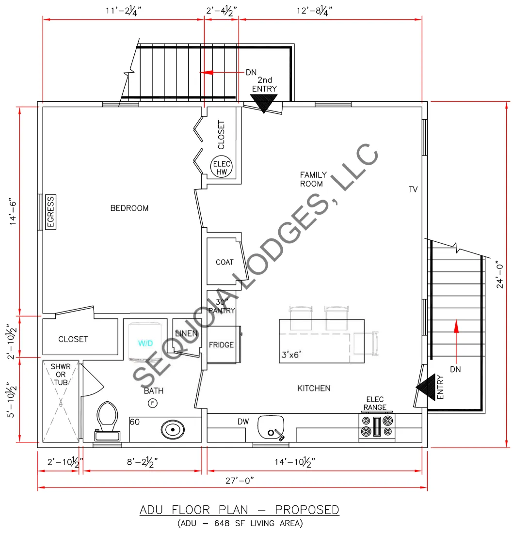 648 square foot one-bedroom ADU floor plan with kitchen island, watermarked Sequoia Lodges LLC