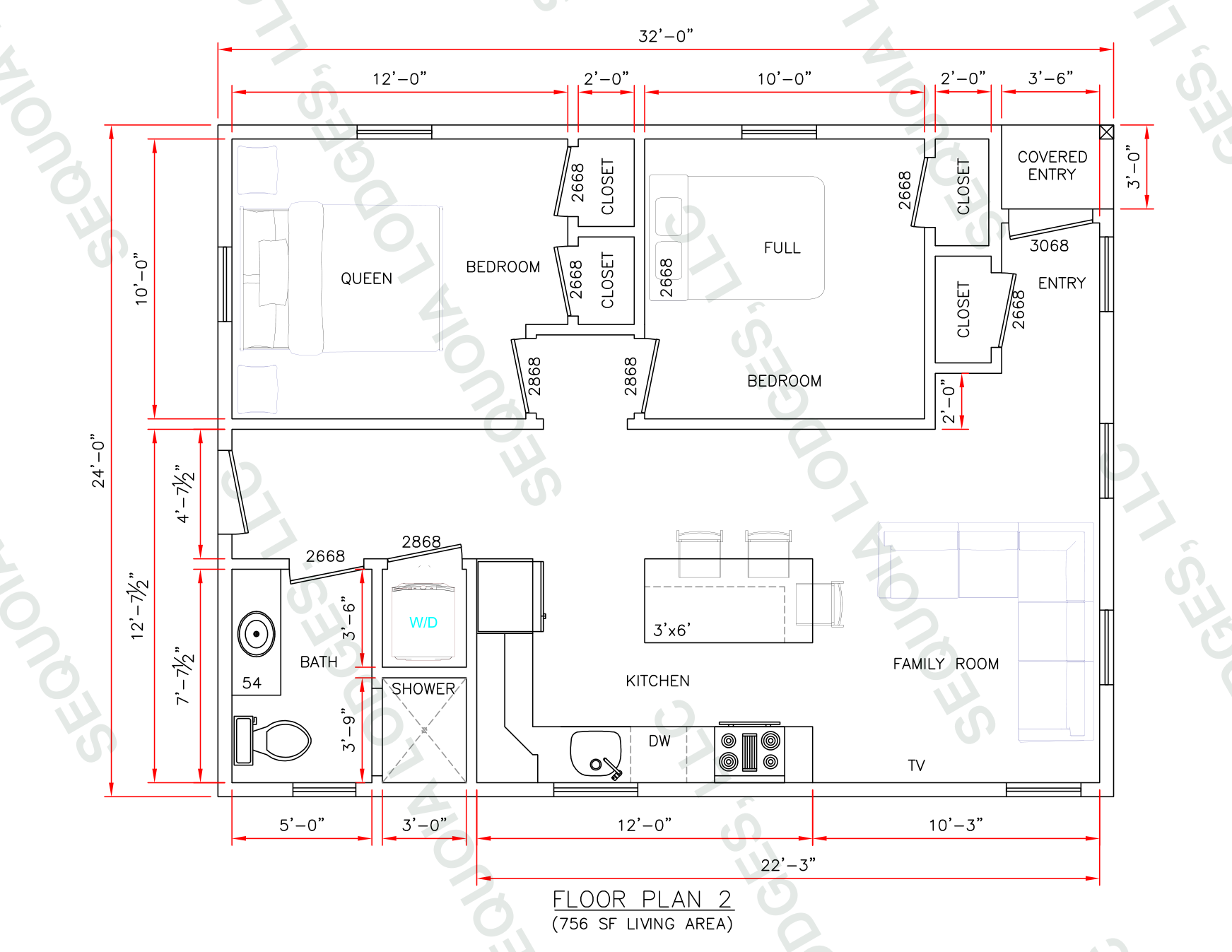 756 sf two-bedroom floor plan thumbnail