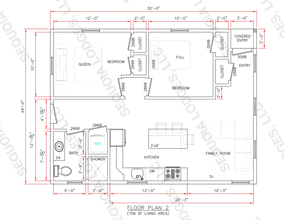 756 square foot two-bedroom ADU floor plan, watermarked Sequoia Lodges LLC