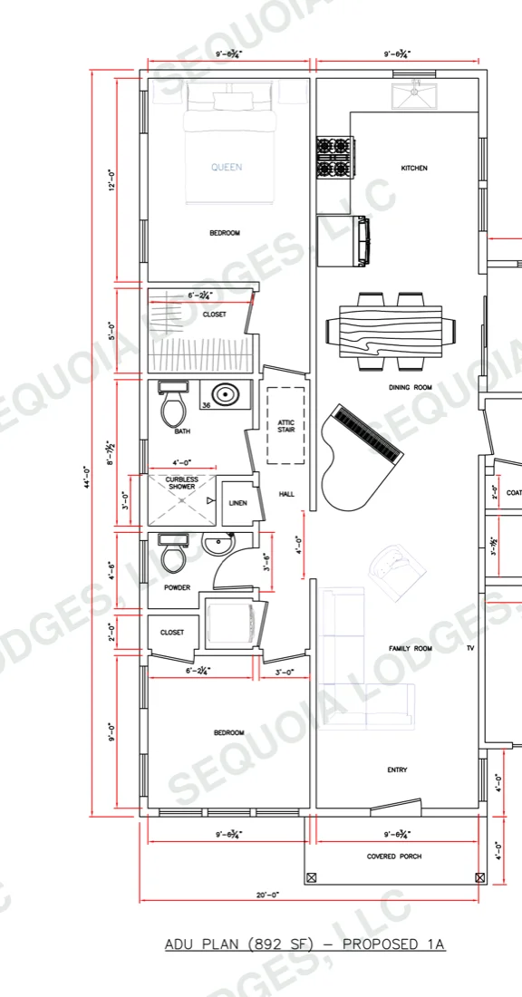 892 square foot attached ADU floor plan, watermarked Sequoia Lodges LLC