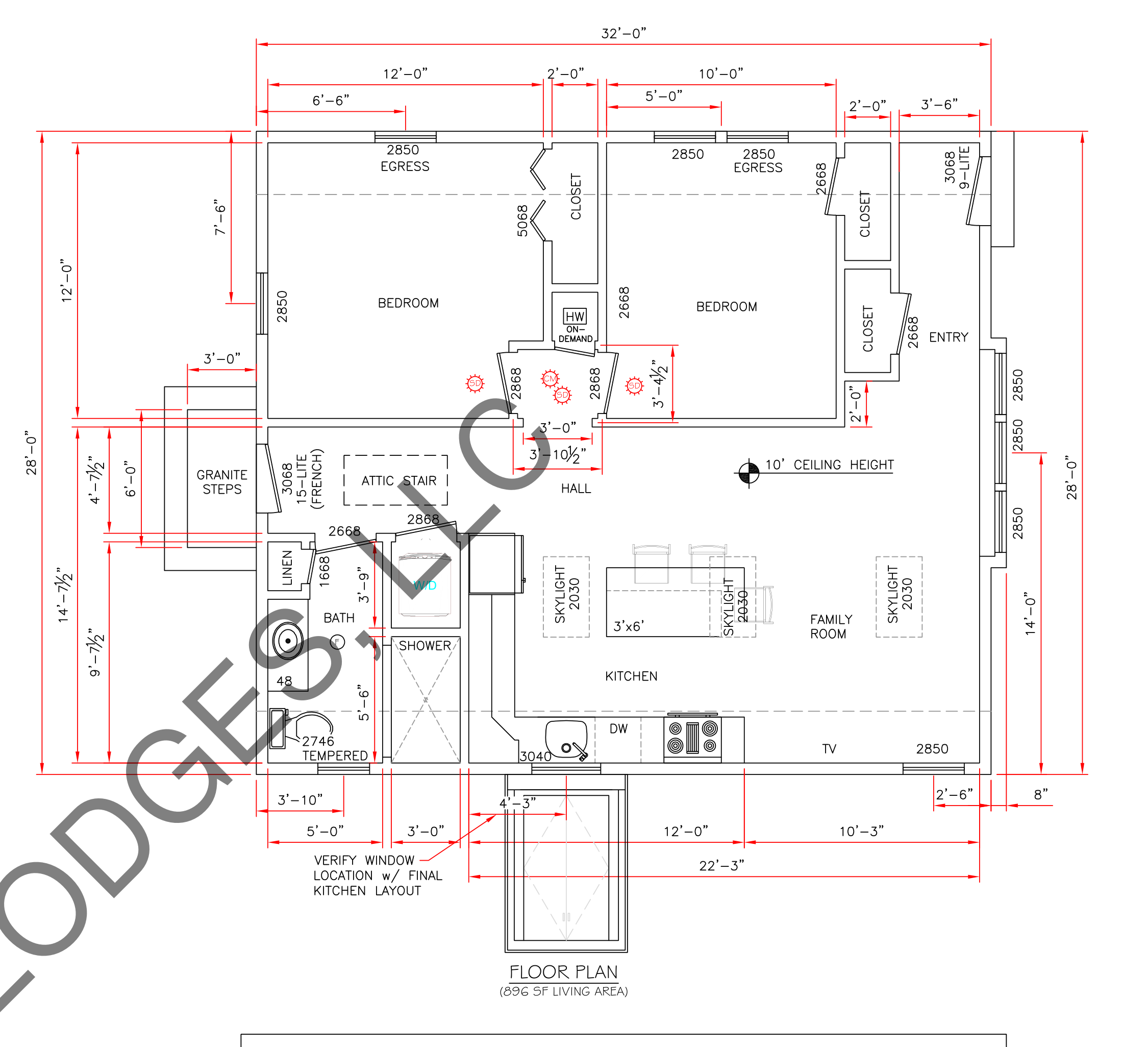 896 square foot two-bedroom ADU floor plan with attic and crawl space, watermarked Sequoia Lodges LLC