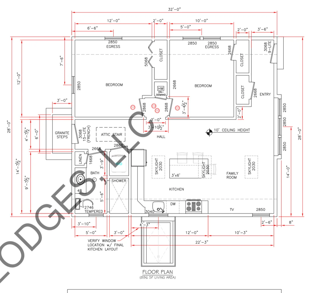 896 square foot two-bedroom ADU floor plan with attic and crawl space, watermarked Sequoia Lodges LLC