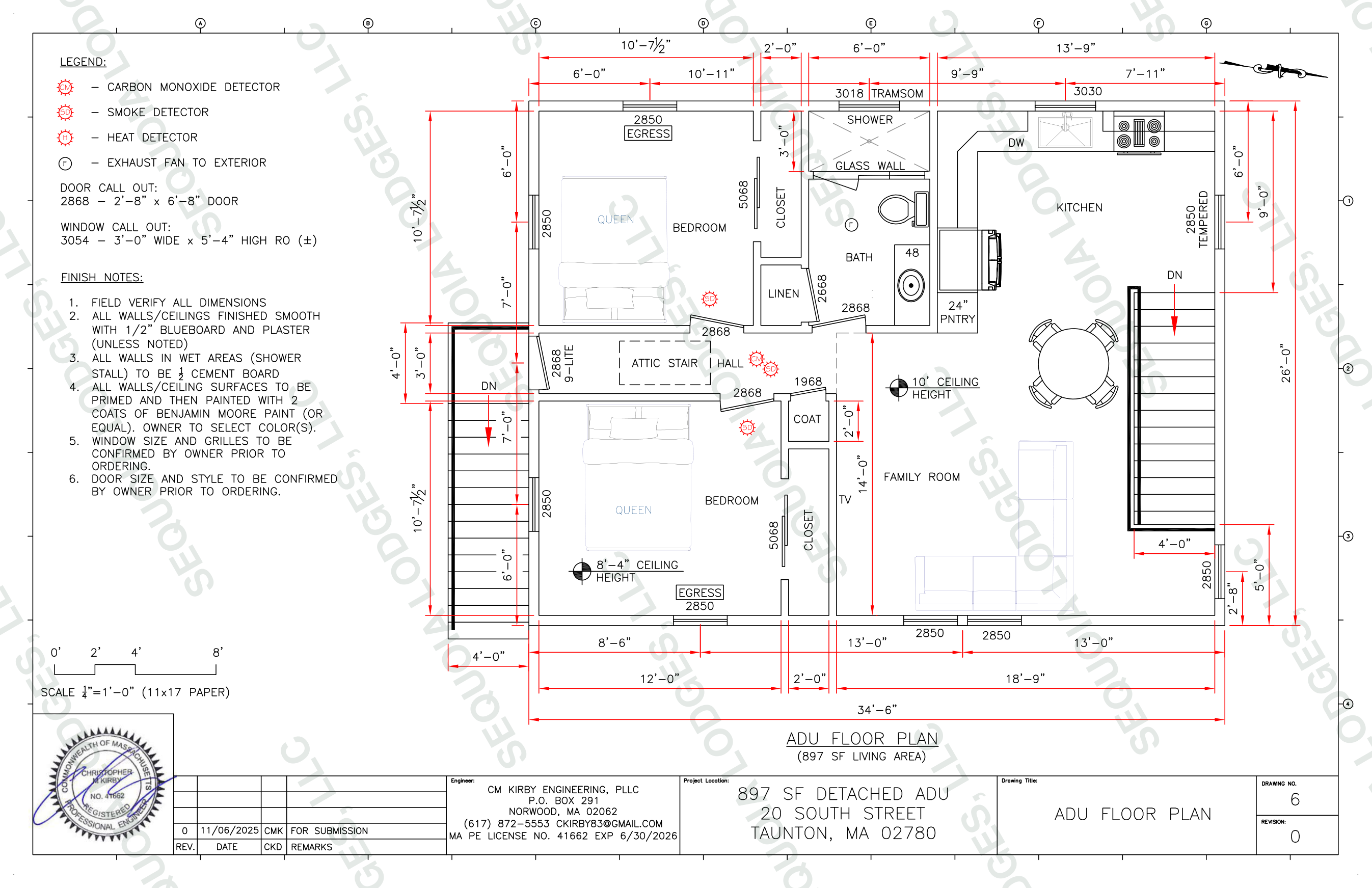 897 square foot two-bedroom ADU floor plan over a two-car garage, watermarked Sequoia Lodges LLC