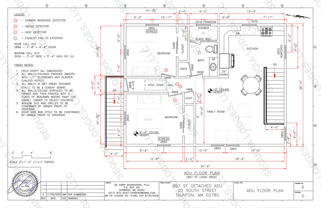 897 square foot two-bedroom ADU floor plan over a two-car garage, watermarked Sequoia Lodges LLC